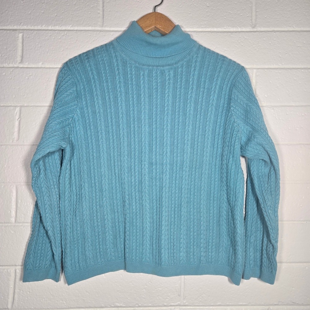Vtg Cable Knit‎ Turtleneck Sweater Cotton XL Preppy Teal Bright Country Club